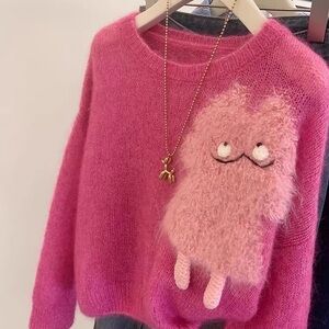 Pink Fuzzy Character Crewneck Sweater